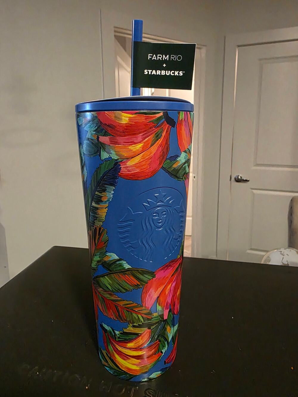 Starbucks Farm Rio Blue Straw Tumbler with Pink Bananas